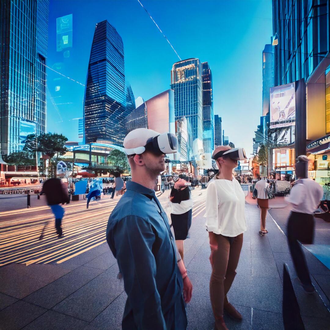 eople using AR glasses on a city street, interacting with digital billboards and augmented street signs.