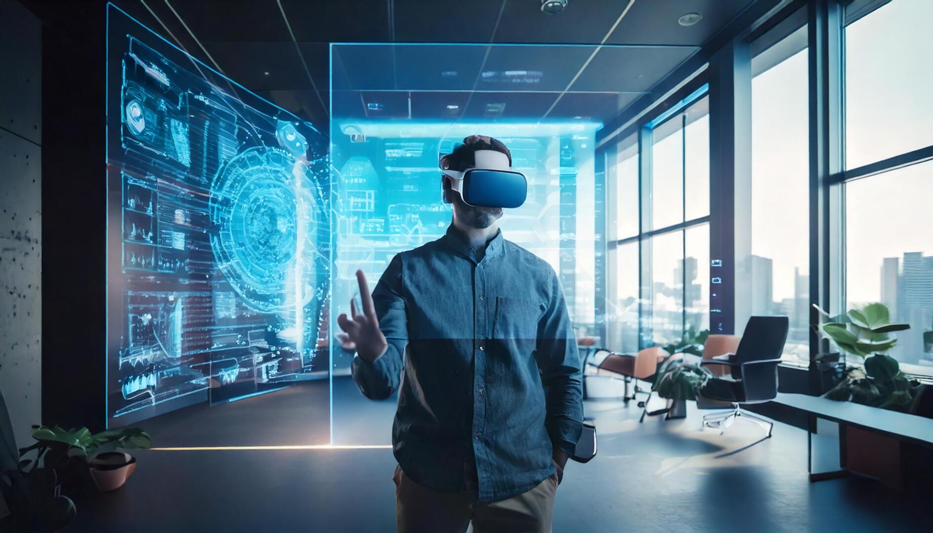 Person wearing VR glasses and interacting with a 3D holographic display in a modern office.