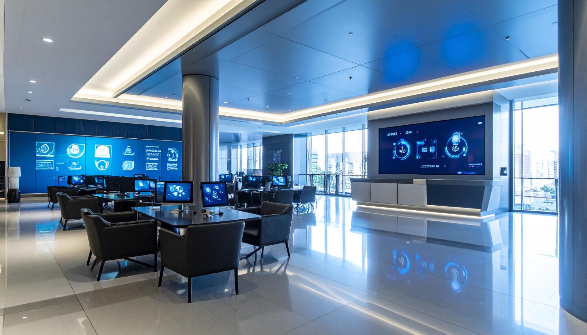 Modern skyscraper lobby featuring interactive touchscreen directory with visitors using digital wayfinding system