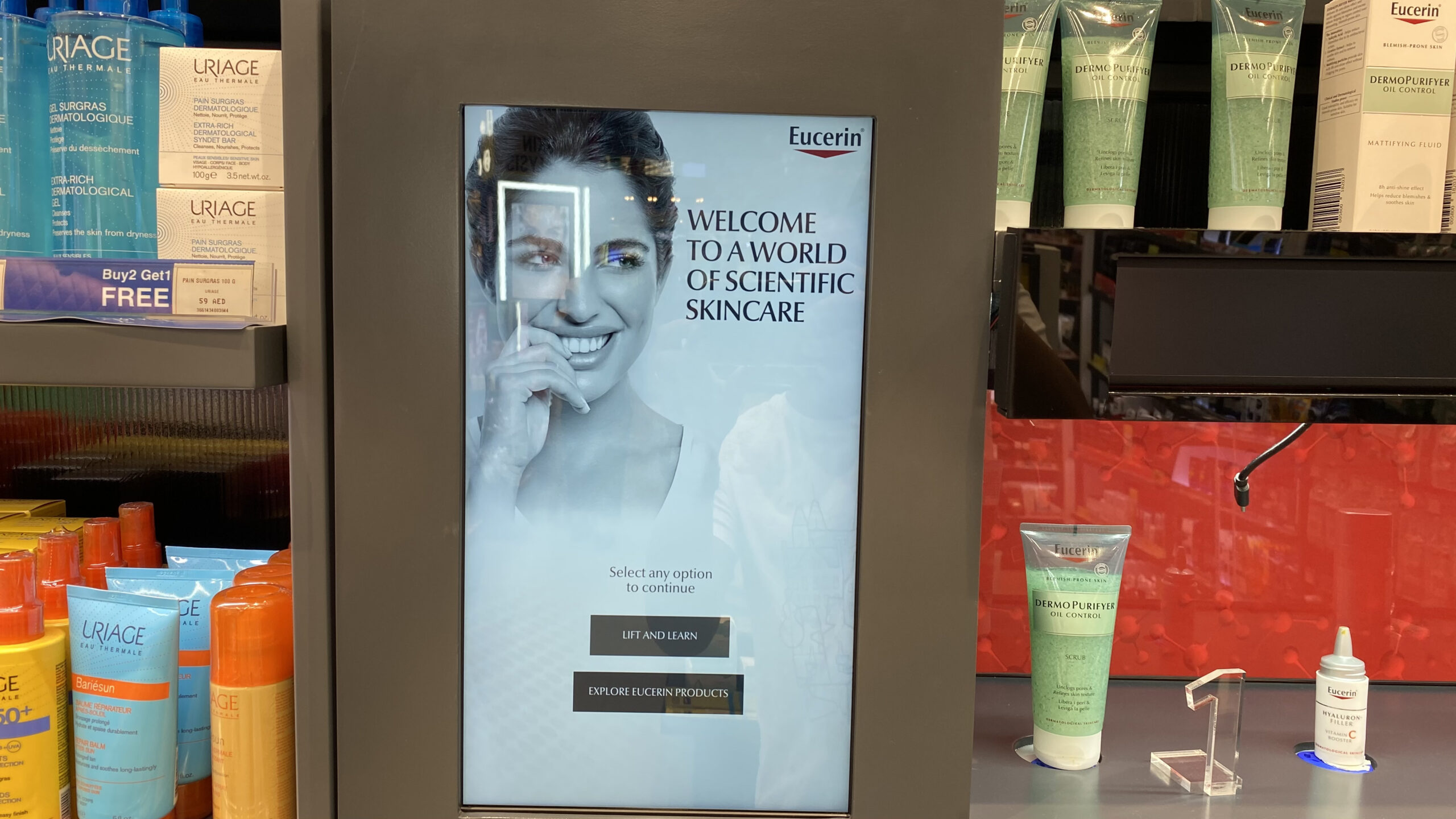 Eucerin Lift and Learn interactive table by PearlQuest in Watson's Pharmacy.
