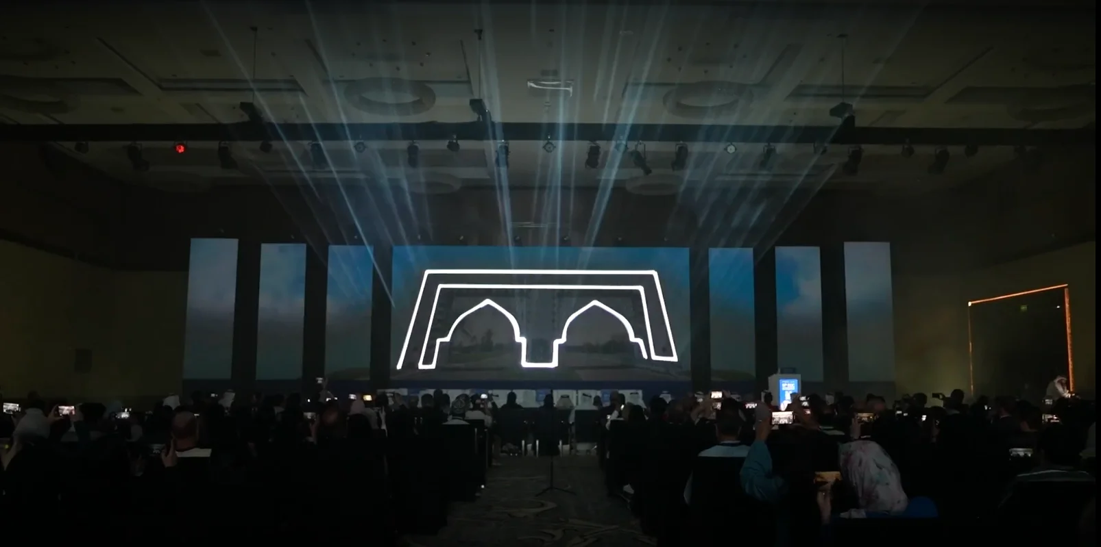 Laser-mapped visuals at the Emirates Oncology Conference launch at Etihad Towers.