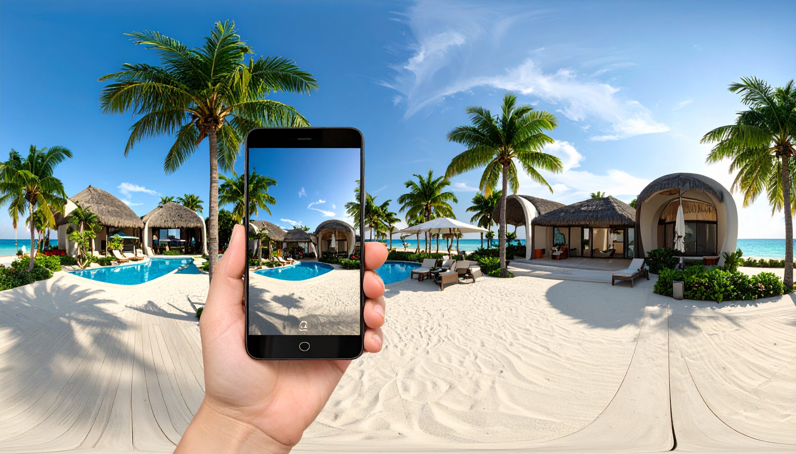 An abstract depiction of a hand holding a smartphone, with a vibrant 360-degree virtual environment extending from its screen, symbolizing the capture of customer attention through immersive mobile tours.