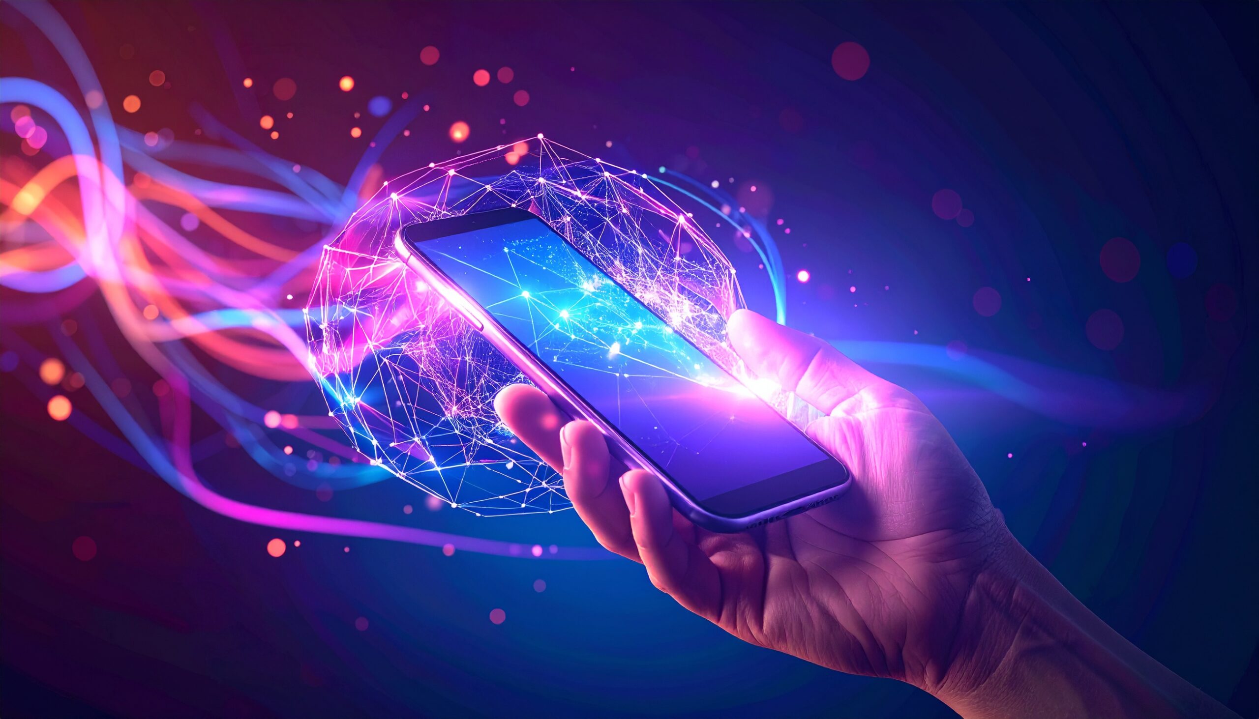 A stylized image of a smartphone displaying a mobile 360° tour of a vibrant city skyline.