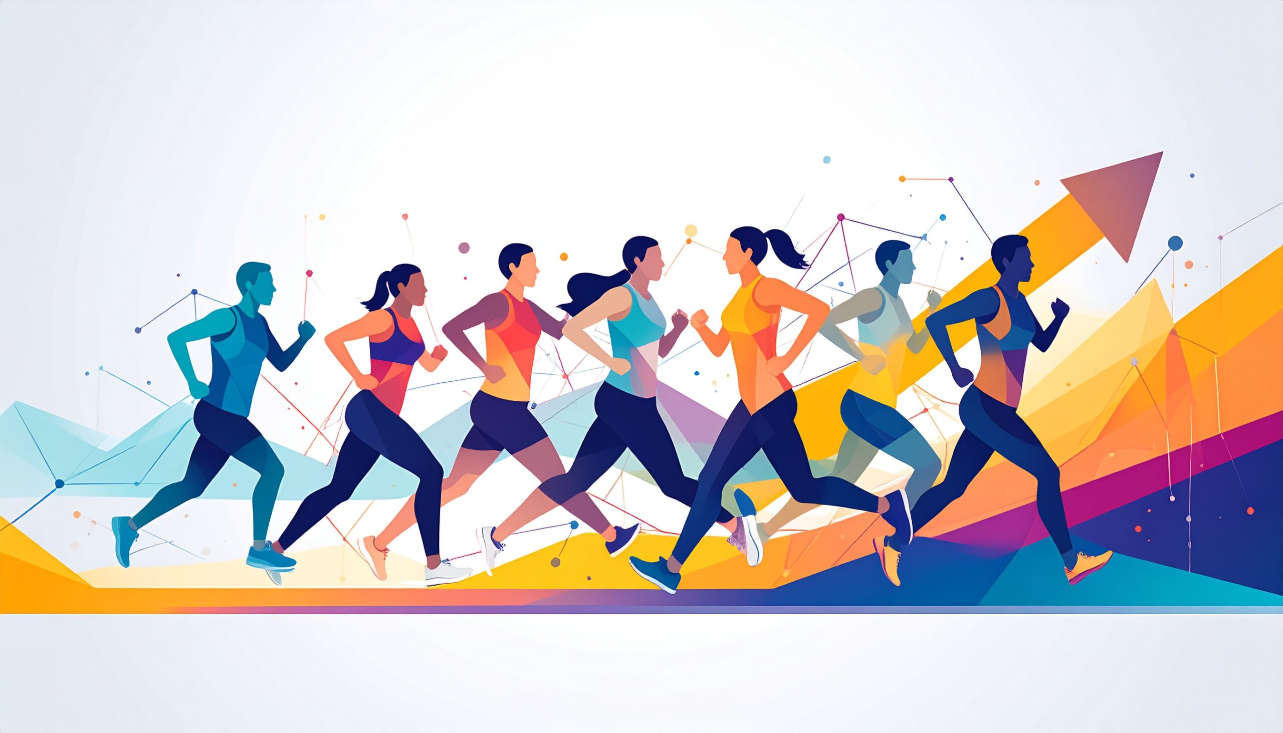 Abstract representation of individuals engaging in fitness challenges with gamified elements like badges and progress bars.