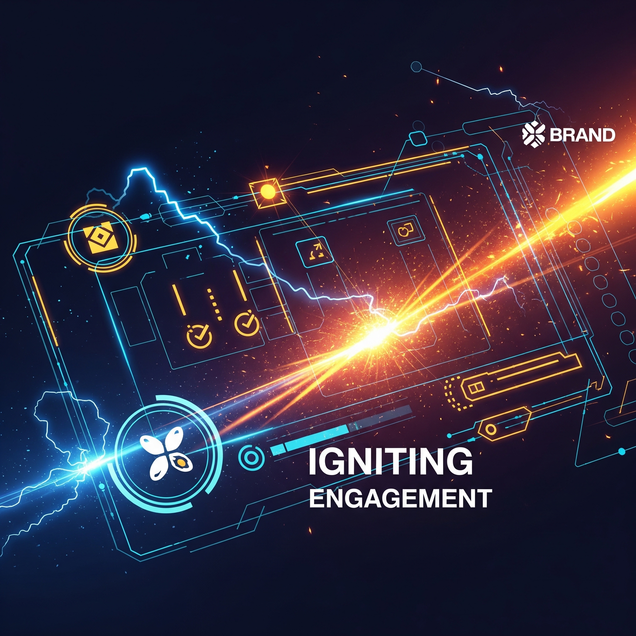 Abstract representation of dynamic, radiating light beams and a central glowing emblem, symbolizing the ignition of brand engagement through fast-paced reaction games.