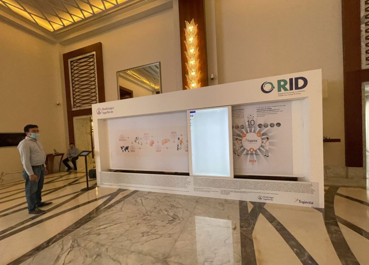Interactive sliding screen installation, pharma event display, dynamic product features