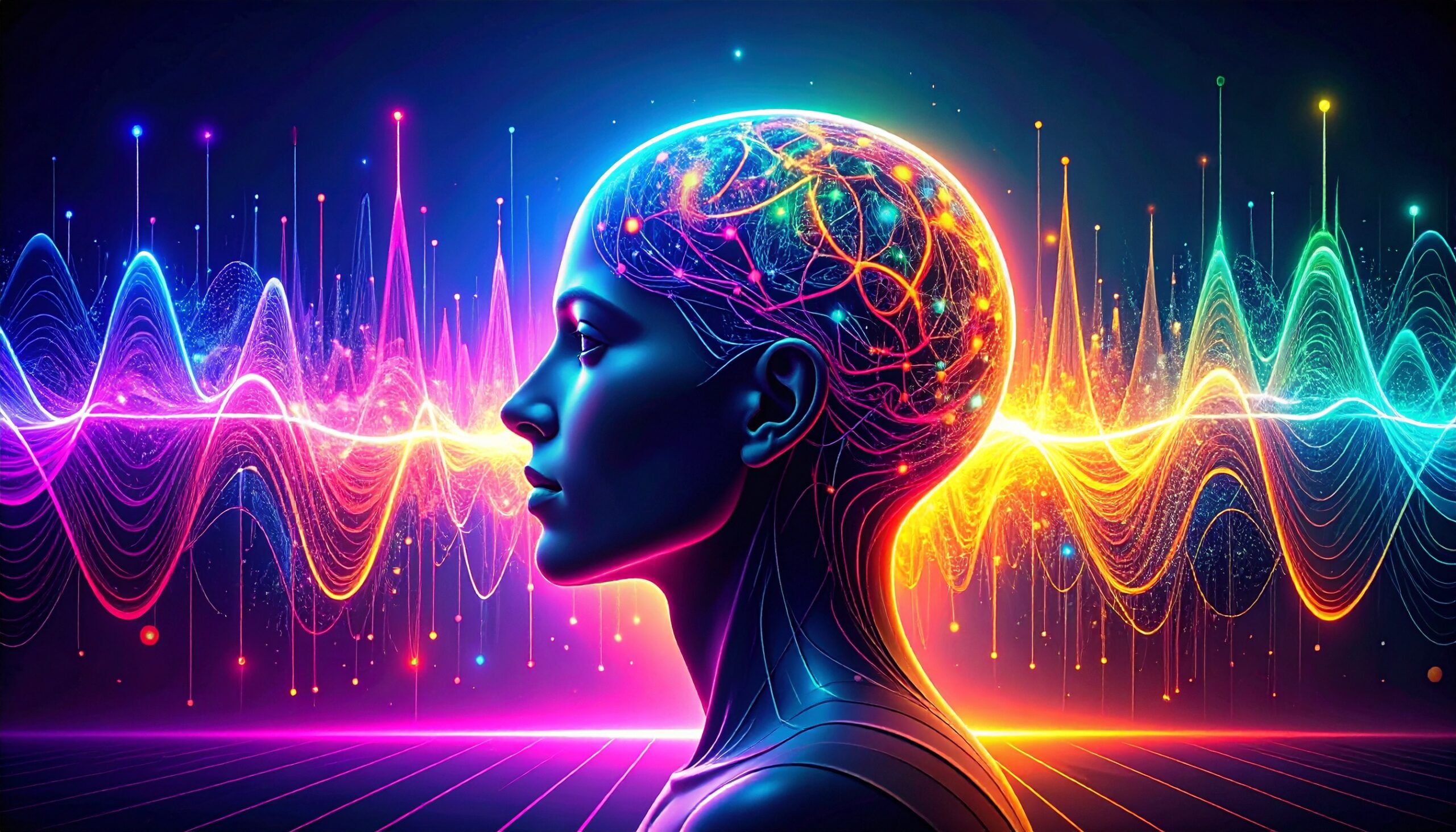 A striking digital illustration of a stylized, abstract head with glowing sound waves and data streams flowing out, symbolizing the role of AI in creating personalized and dynamic music experiences.