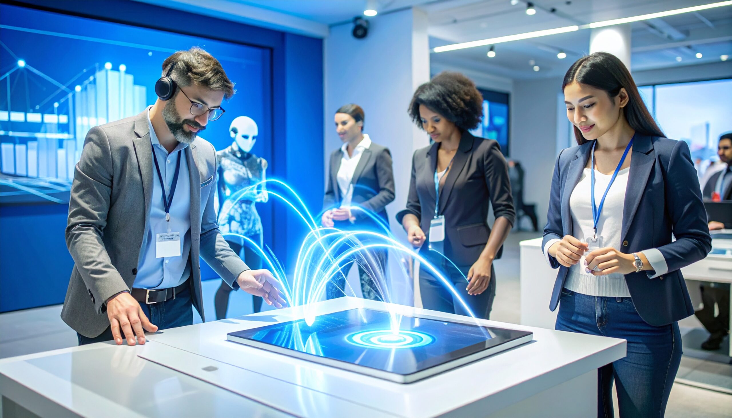 A futuristic, abstract rendering of tangible tablets in a retail setting.