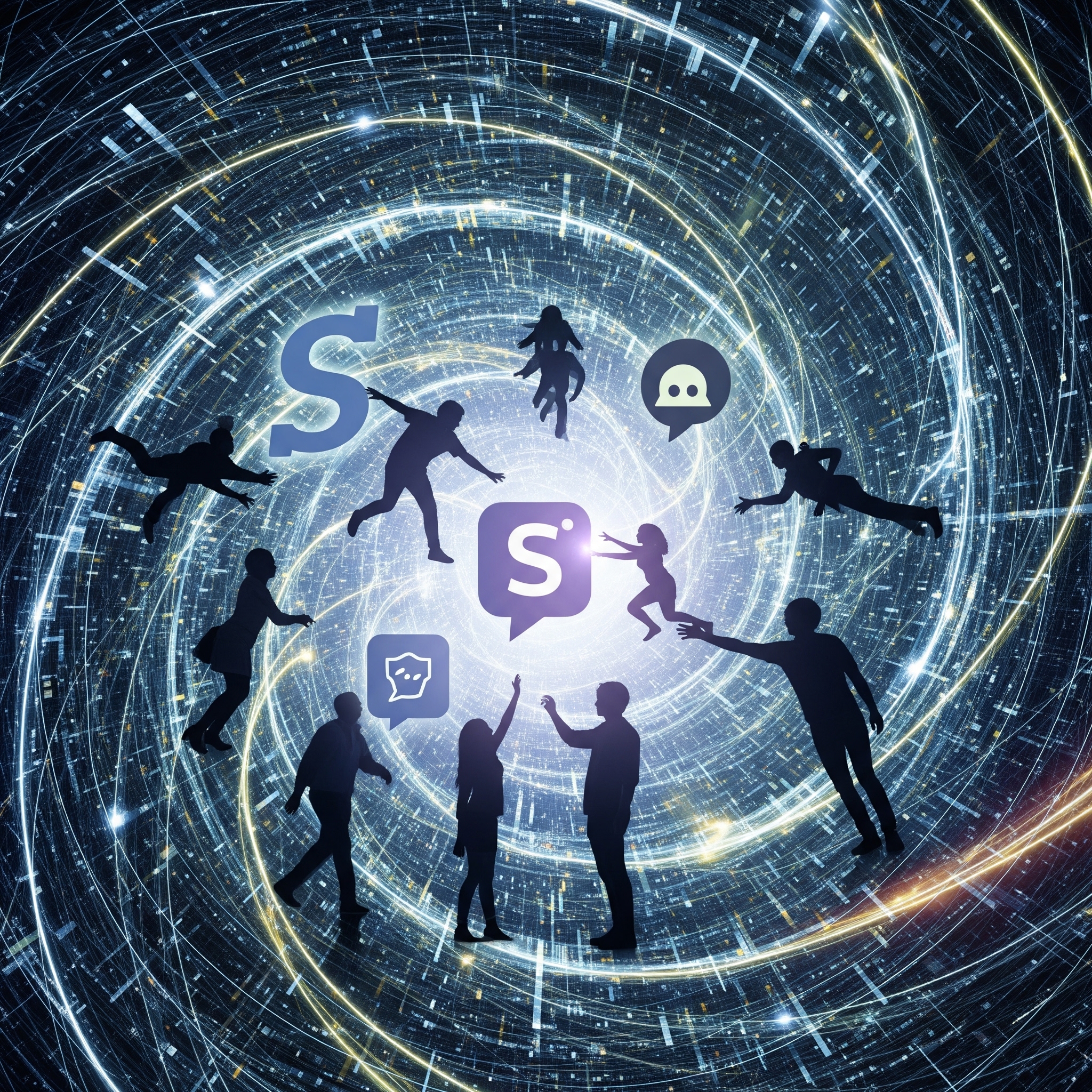 "A virtual reality headset with glowing interactive tech icons floating around it."