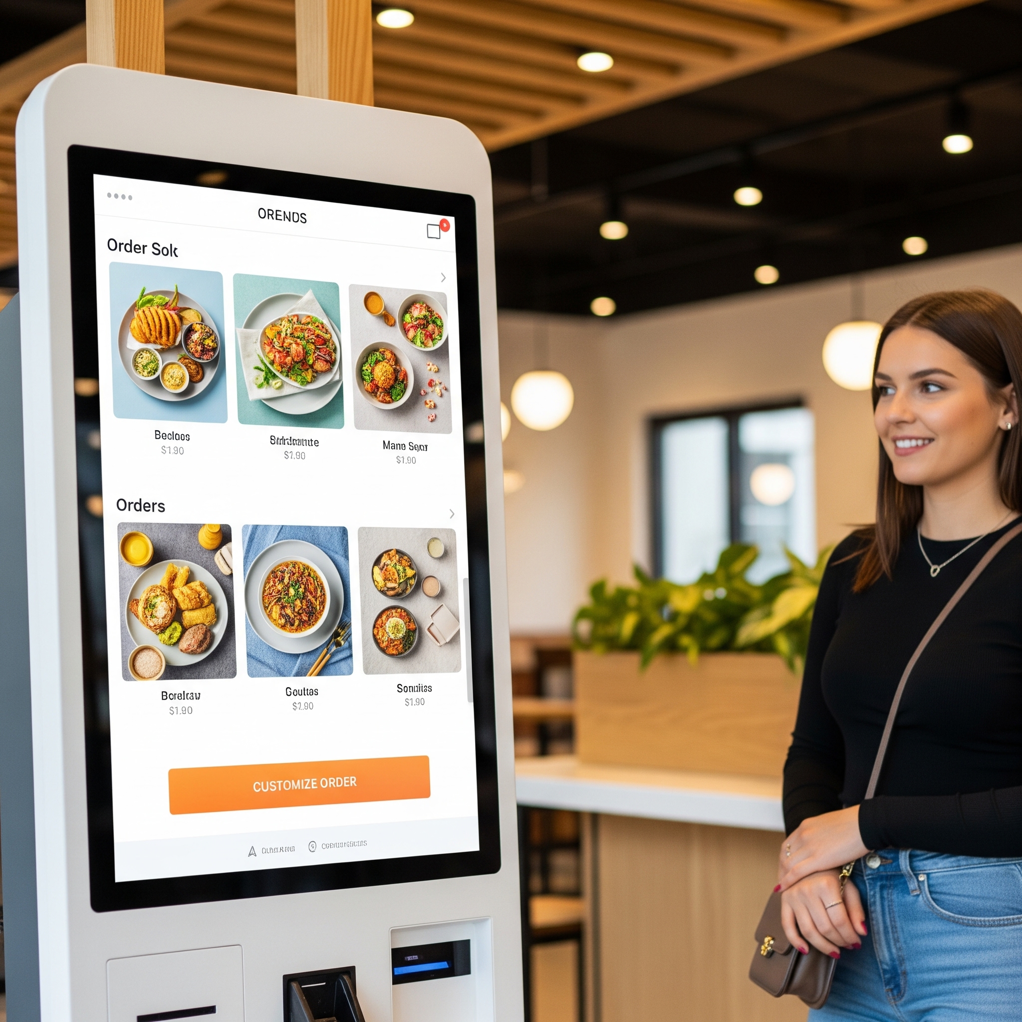 A realistic photo of a person using an interactive self-service kiosk in a modern cafe to place an order.