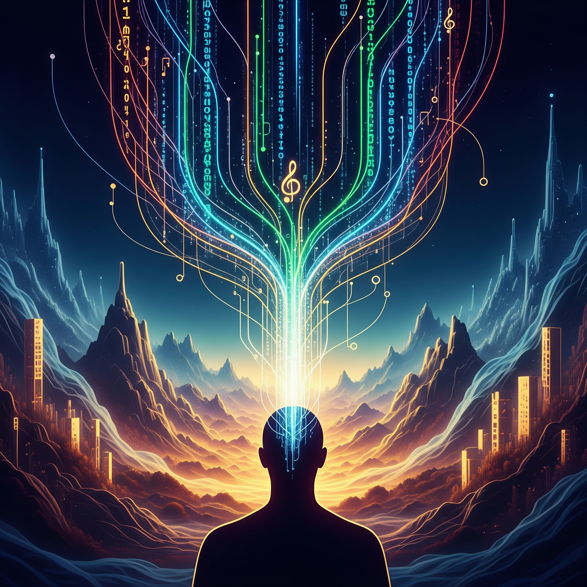 A creative visualization of AI and human collaboration in music composition.