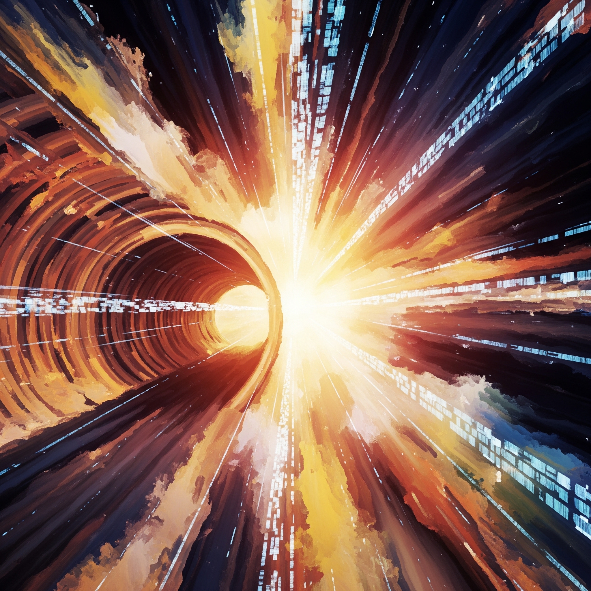 An impressionistic and conceptual artwork showing a tunnel with light and colors radiating from it, blurring the lines between physical and digital space.