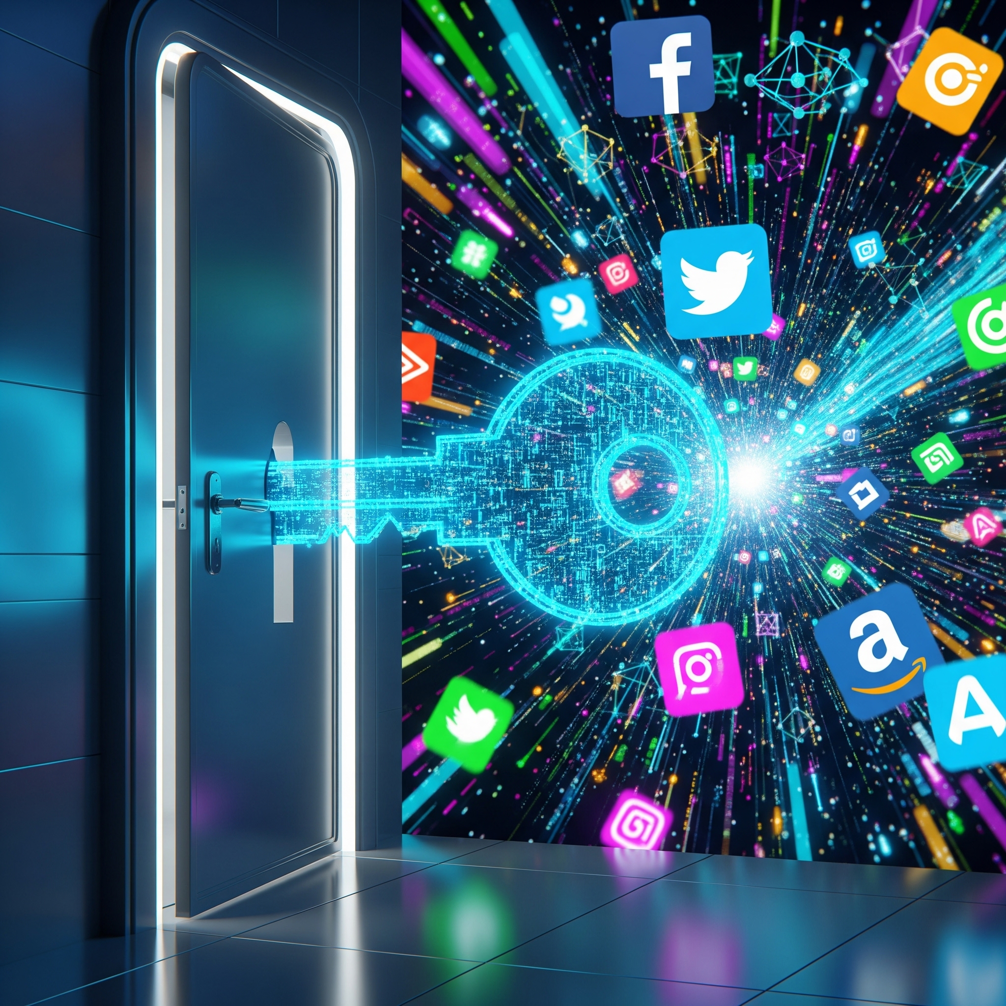 A stylized, conceptual digital art illustration of a glowing key unlocking a futuristic door, revealing a vibrant world of interconnected digital icons and brand logos, symbolizing the power of interactive tech in marketing.
