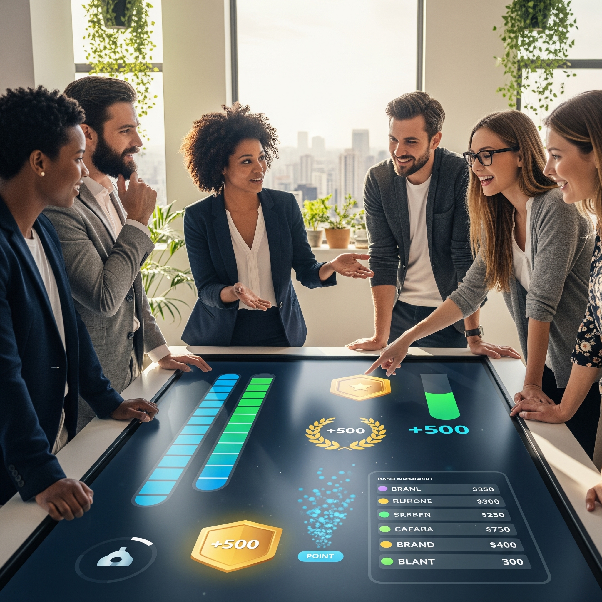 Realistic image of marketing professionals collaborating around an interactive screen displaying elements of gamified brand engagement like progress bars, badges, and points.