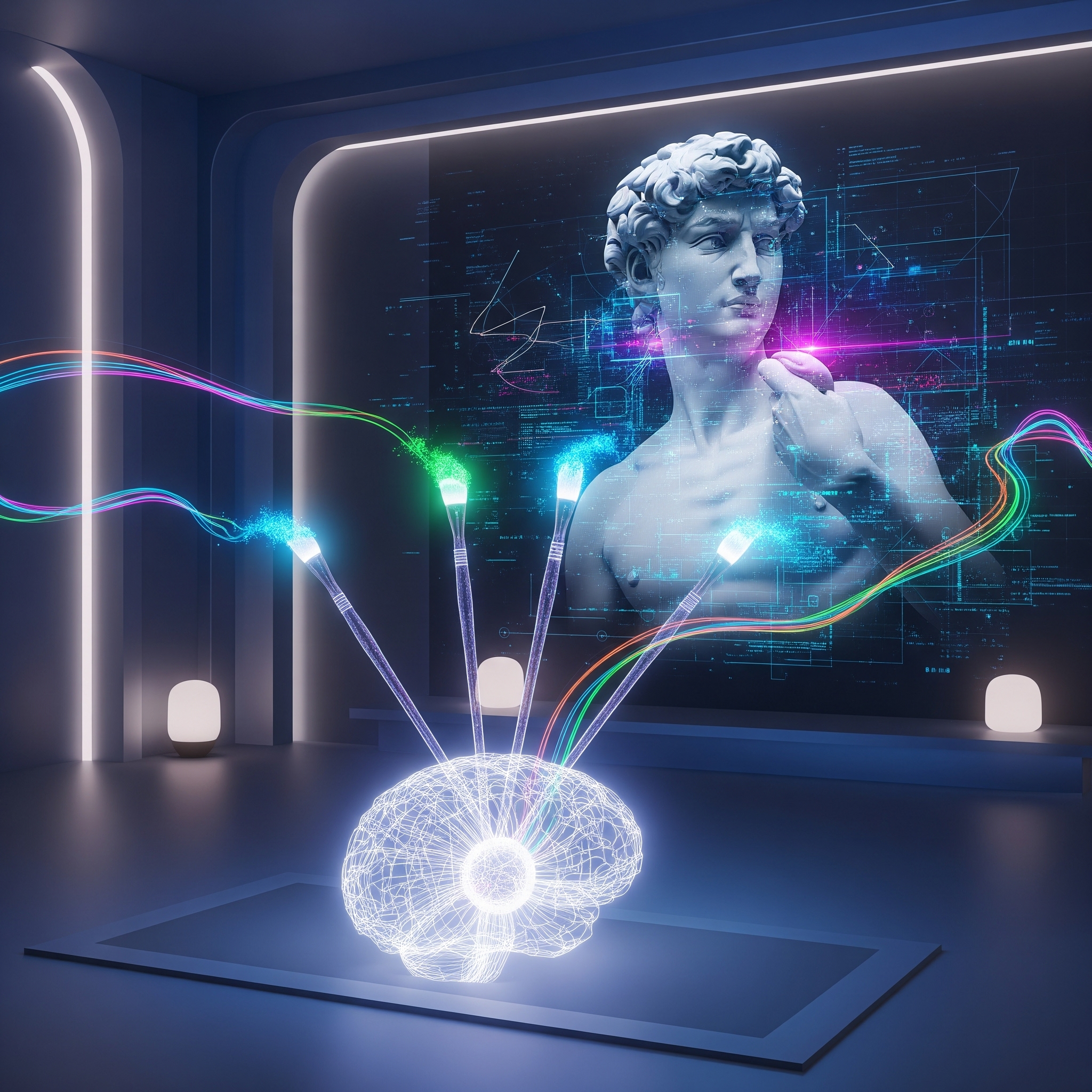 Abstract visualization of AI and art merging to craft immersive story spaces