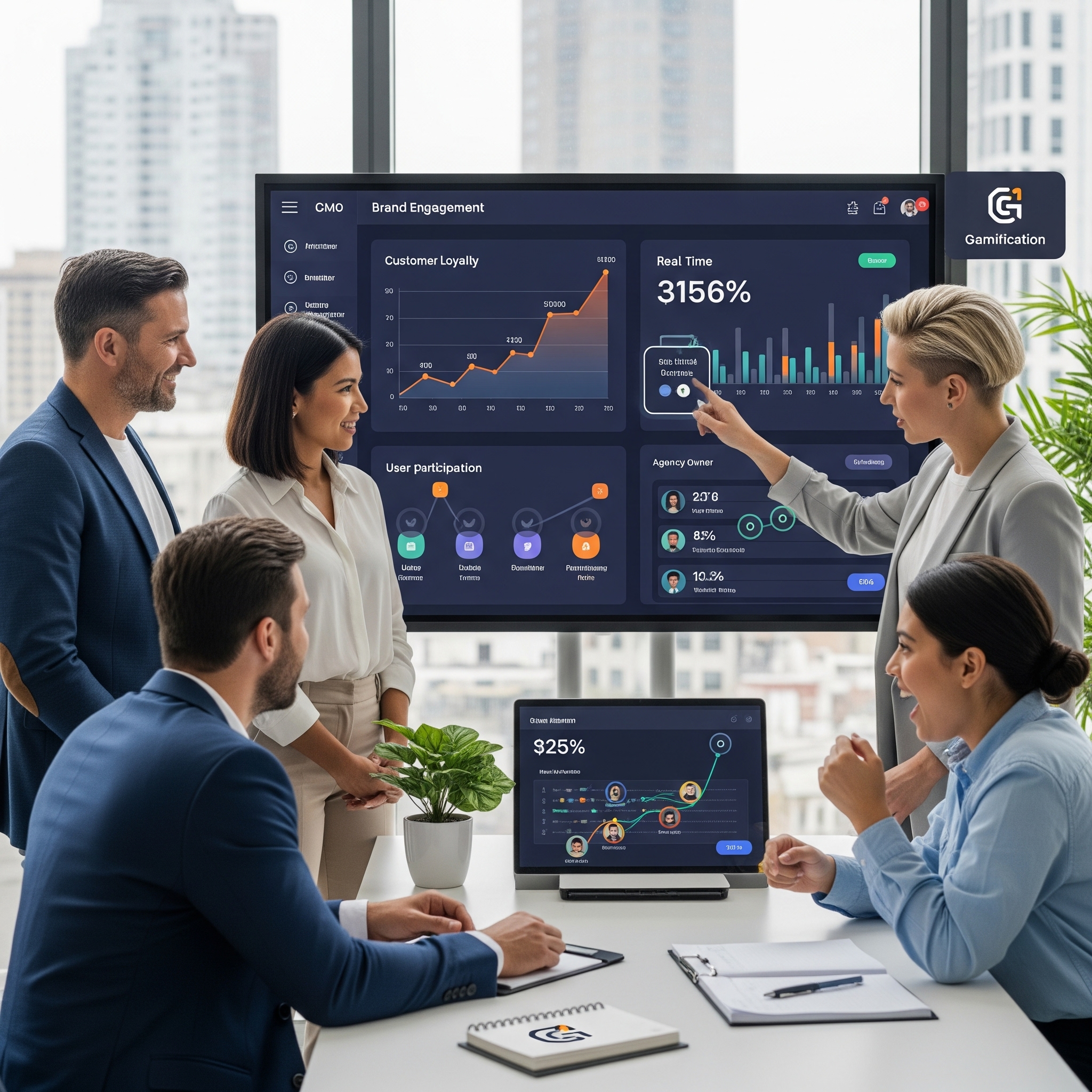 Diverse marketing professionals analyze gamified brand engagement dashboards showing rising loyalty and user participation on a large digital screen in a modern office.