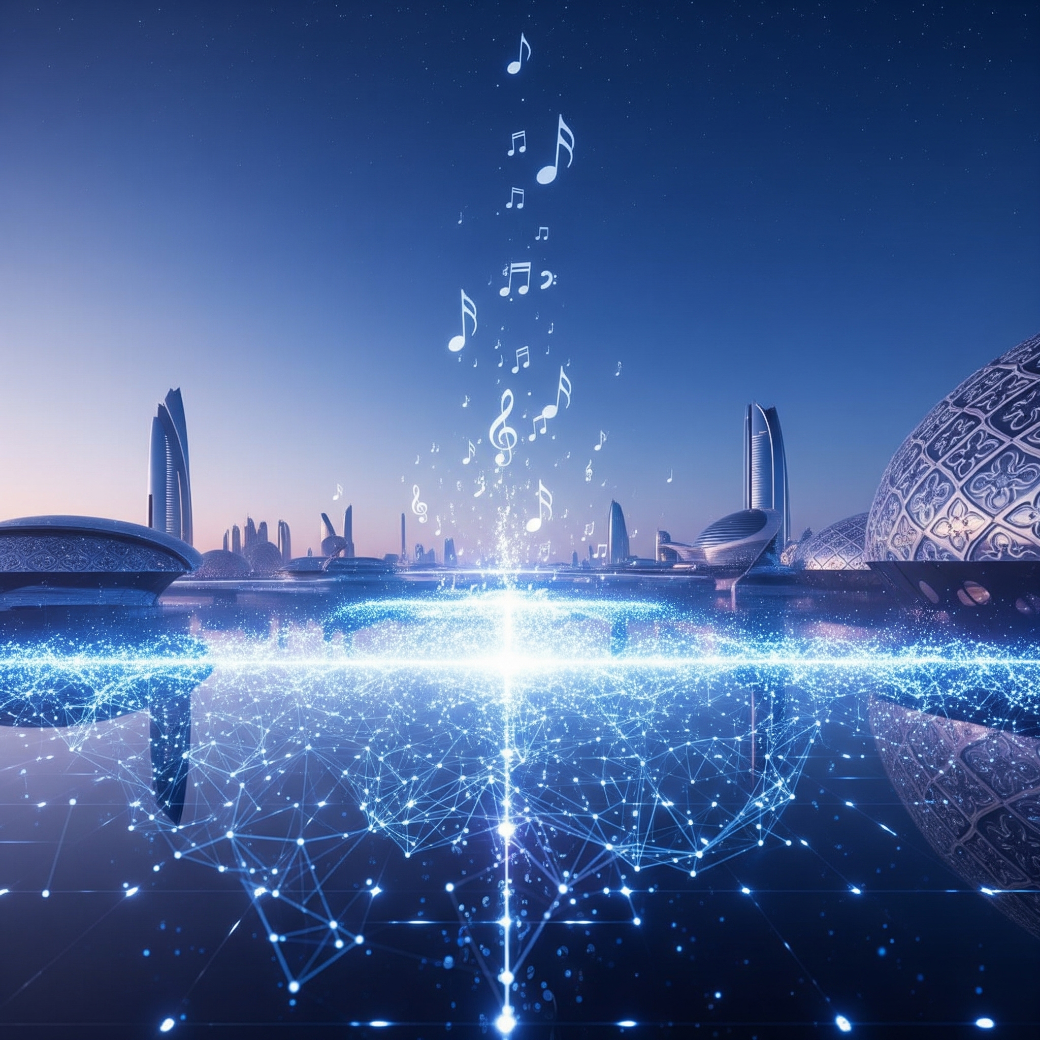 A symbolic illustration of a digital landscape with music notes floating over cities like Dubai and Abu Dhabi.