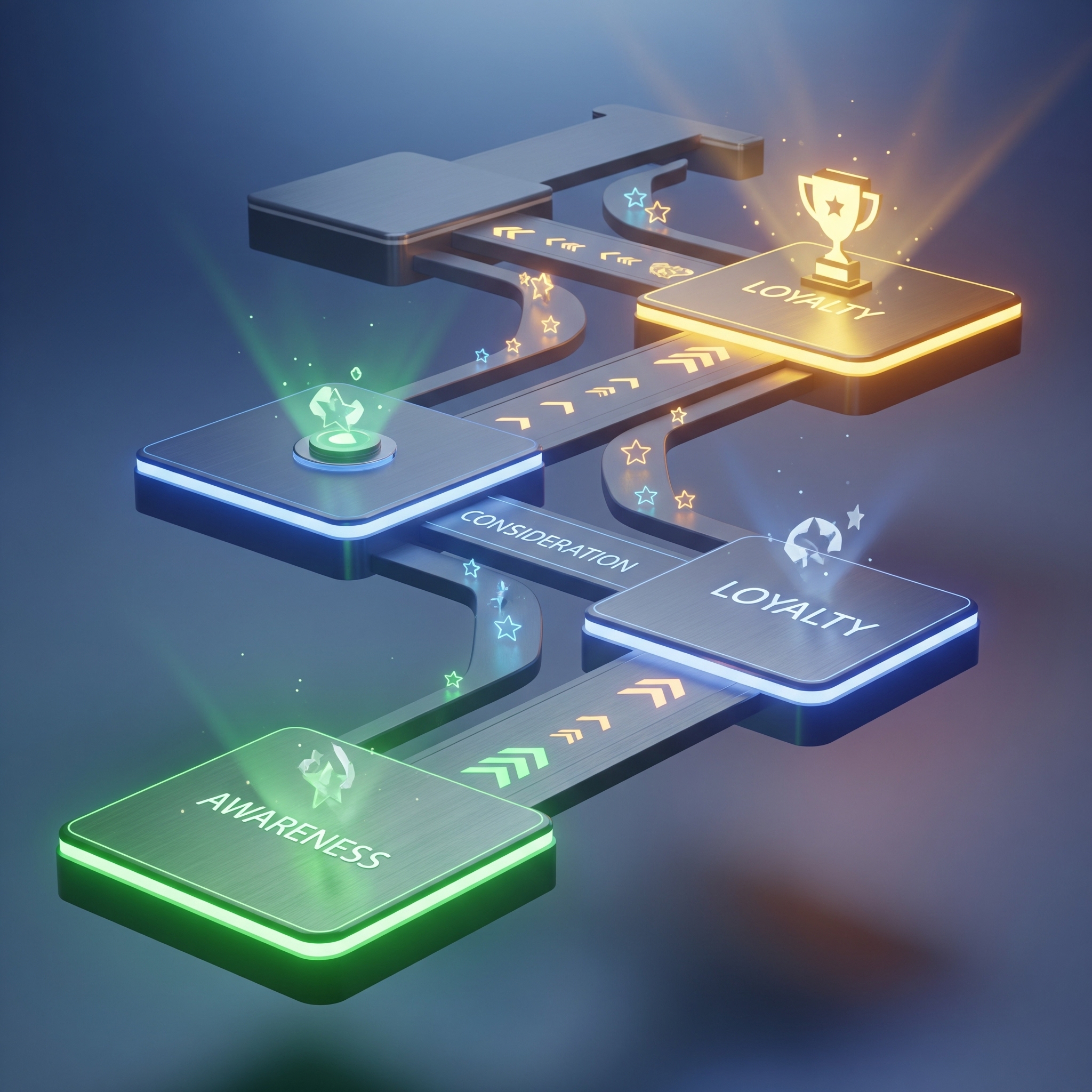 Stylized depiction of a customer journey as a game board, showcasing progression and rewards, illustrating effective gamified brand engagement.