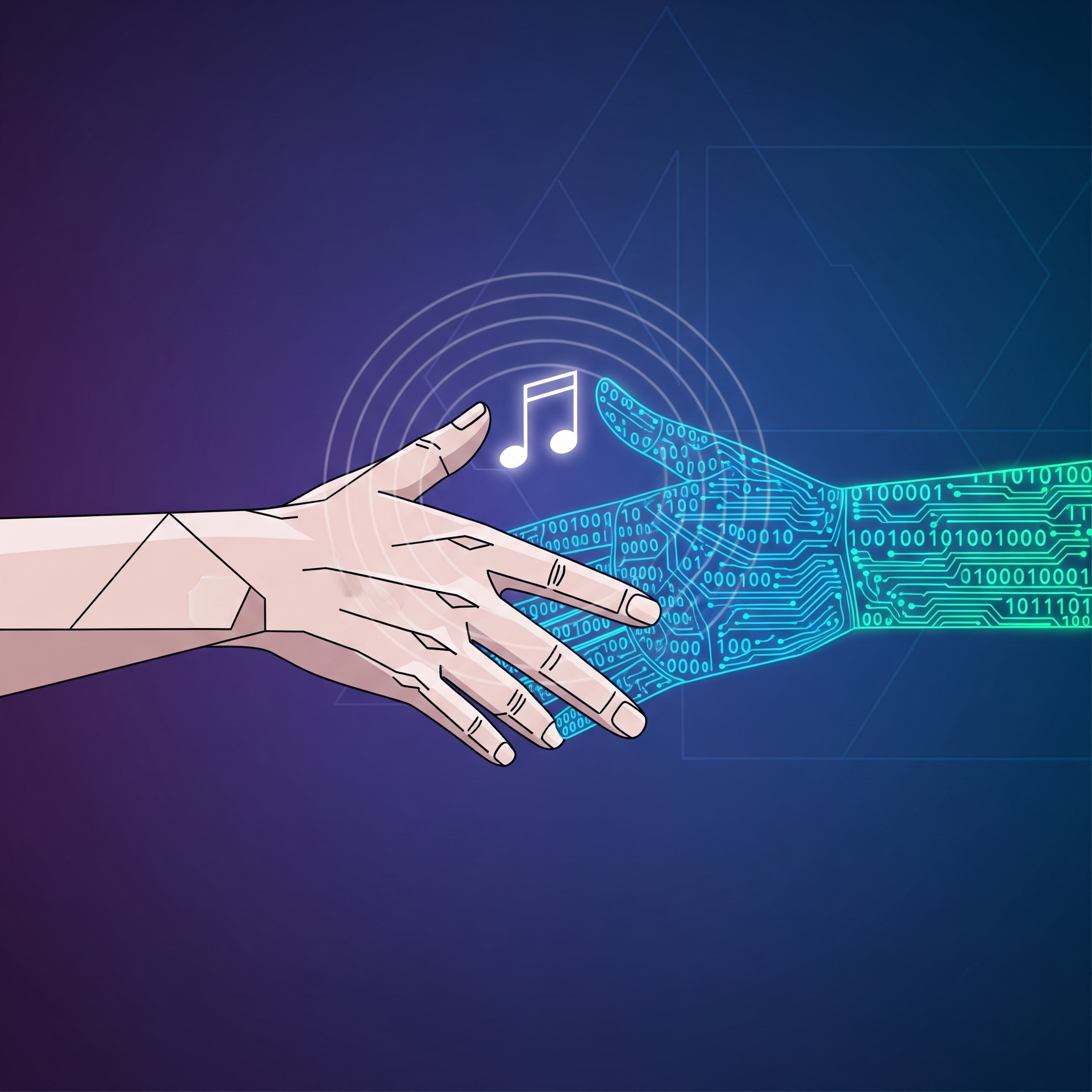 A geometric, minimalist illustration of a human hand and a hand made of digital code clasping, with a glowing musical note at the center, symbolizing collaboration between humans and AI in music creation.