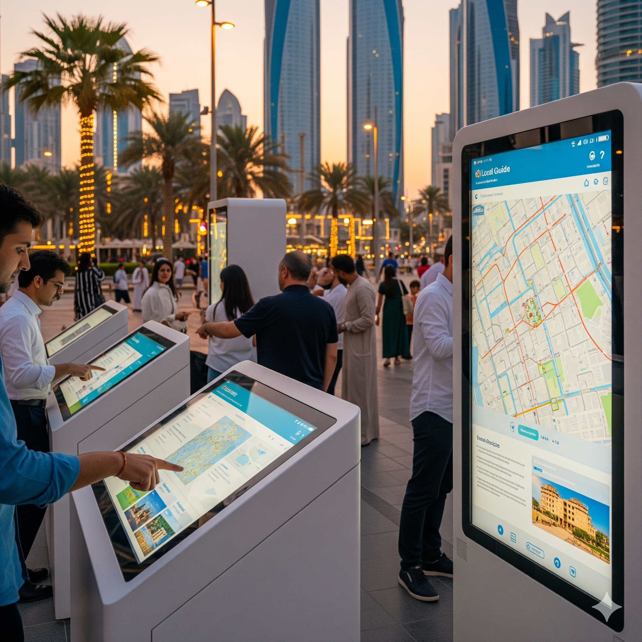 A realistic photo of interactive kiosks integrated into a modern urban landscape in Dubai or Abu Dhabi, with people interacting with the screens.