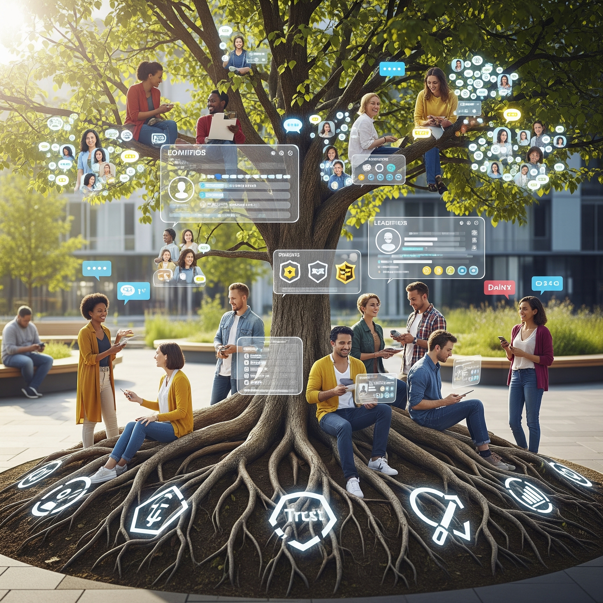 Abstract representation of a thriving community interacting with a brand through playful elements, emphasizing the social aspect of gamified brand engagement.