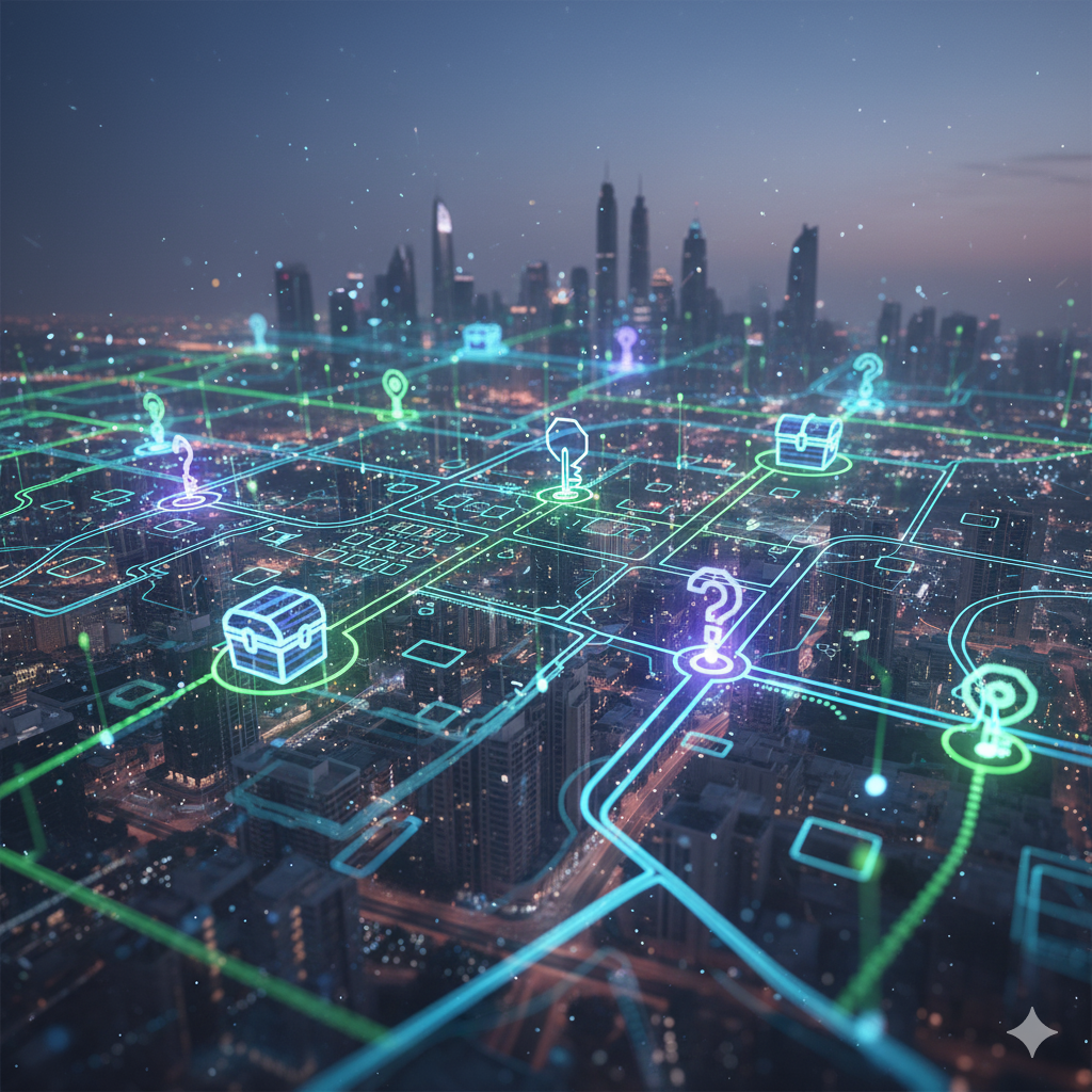 Abstract digital map overlay showing AR treasure hunt clues.