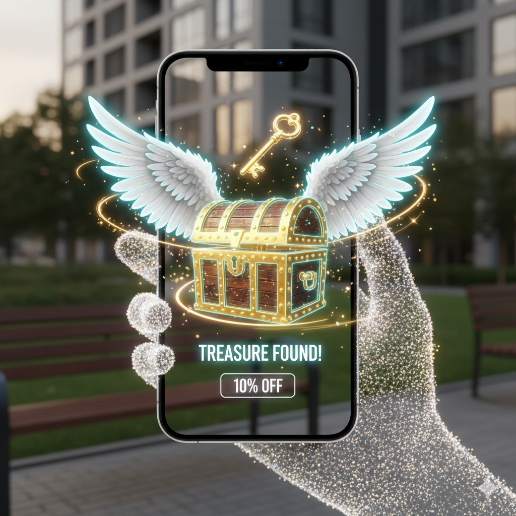 Abstract representation of a smartphone interacting with a virtual treasure during an AR hunt.