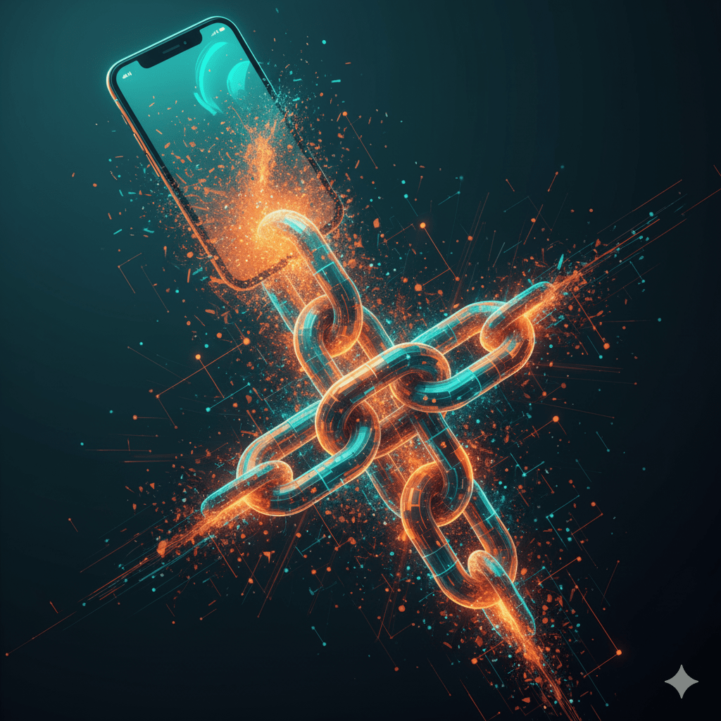 Abstract representation of a mobile phone screen dissolving into a vibrant, interlocking chain, symbolizing deep user engagement and experiential design.
