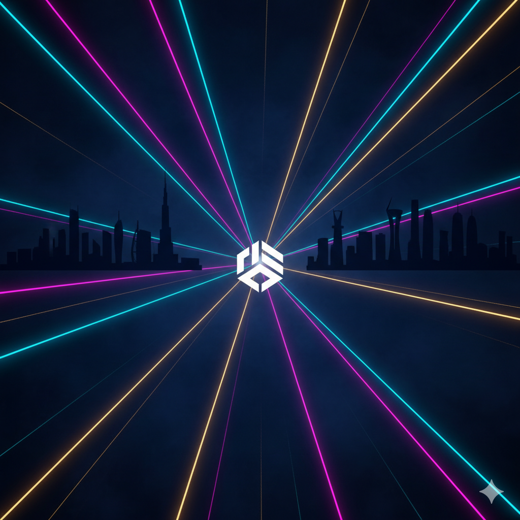 A large-scale, abstract laser tech projection of a brand's logo illuminating a skyscraper in Dubai.