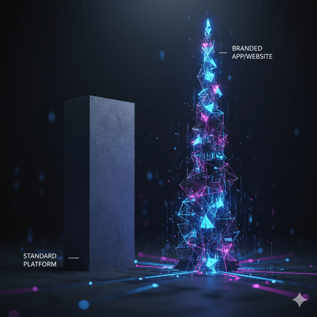 Abstract image illustrating competitive advantage with a tall, glowing geometric spire (Branded App/Website) standing out against a uniform, grey standard platform.
