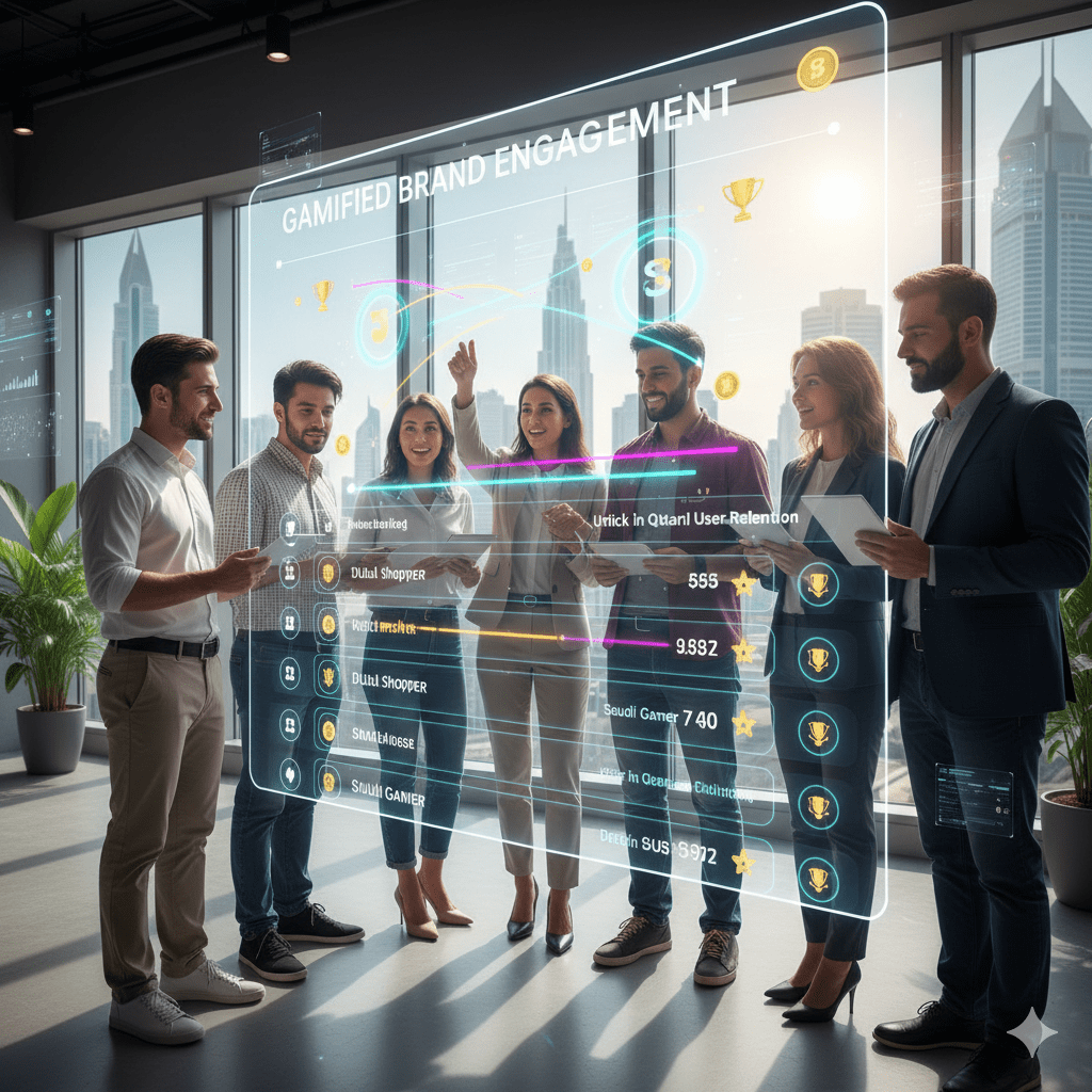 Realistic image of a diverse group of people (representing the GCC audience in Dubai, Saudi Arabia, etc.) actively engaging with a mobile marketing activation that displays gamified elements like progress bars, points, and badges, illustrating the success of gamified brand engagements.