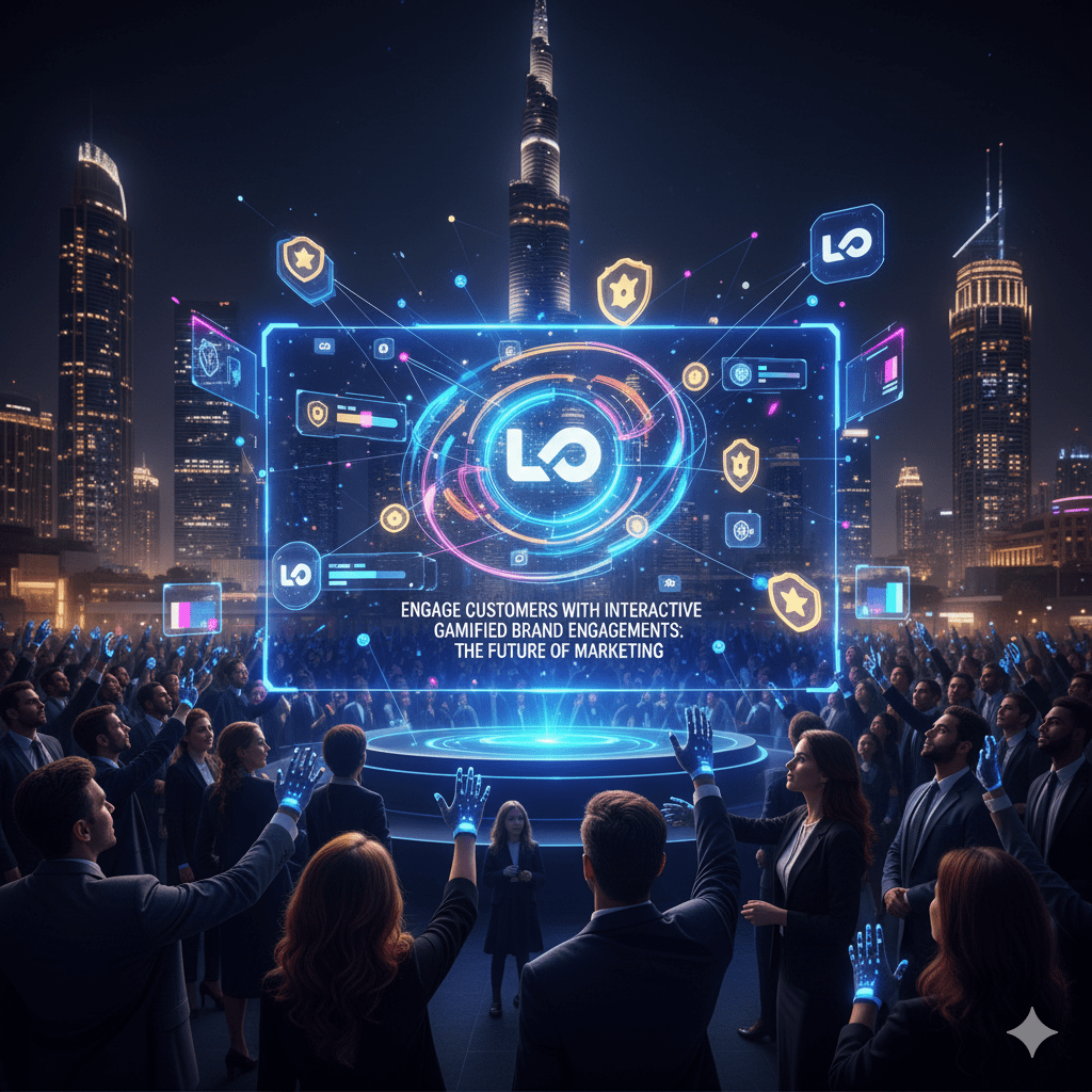 A professional setting showing a Brand Manager using a tablet to launch an interactive gamified brand engagement campaign in a modern office.