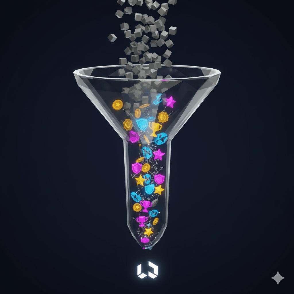 Abstract visual of a glowing, transparent leaderboard displaying a star, a shield/badge, and data fields, representing the quantifiable success of gamified brand engagements within a futuristic digital network.