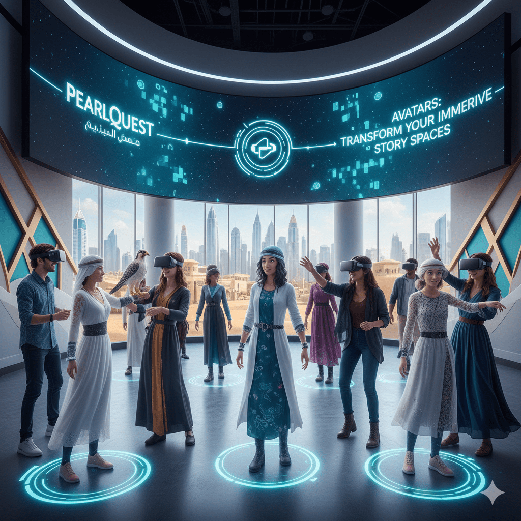 A high-resolution, realistic depiction of how avatars transform your immersive story spaces, featuring a lifelike 3D digital human interacting with an audience in a futuristic Dubai brand activation lounge.