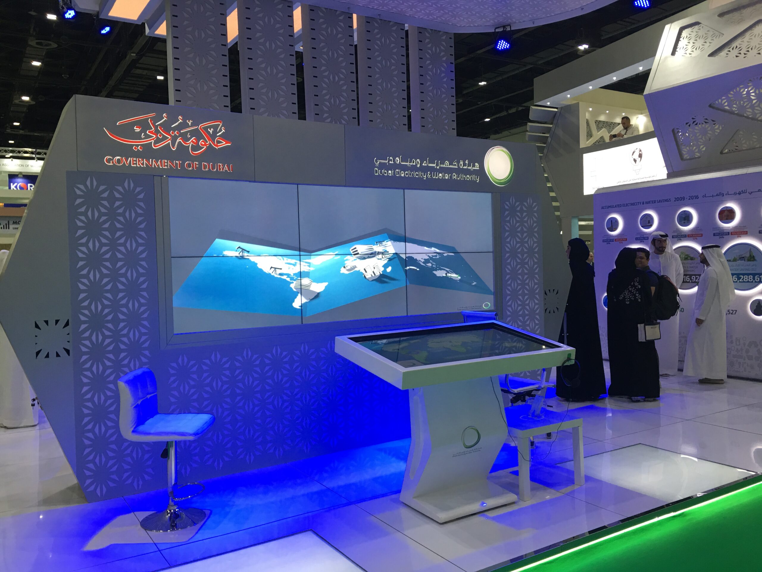 Interactive multi-touch kiosk and 3x2 video wall for DEWA at WETEX Dubai.