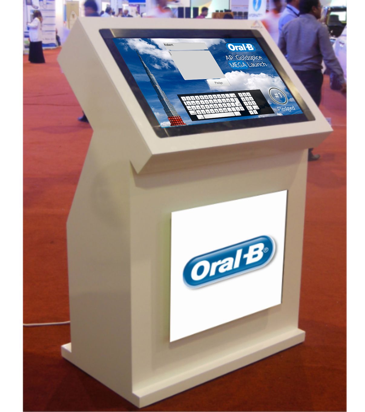Interactive touchscreen kiosk for Oral-B brand activation in Dubai.