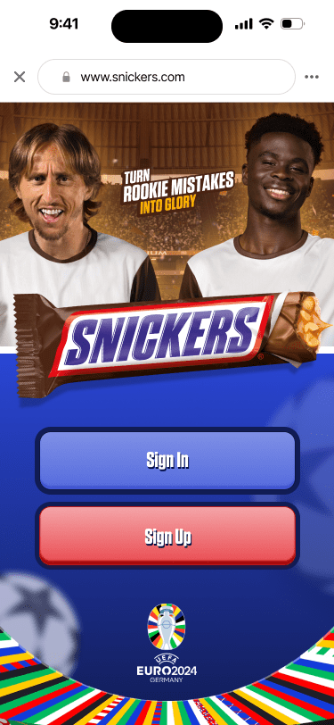 Snickers Euro Cup campaign microsite showing football match prediction interface.