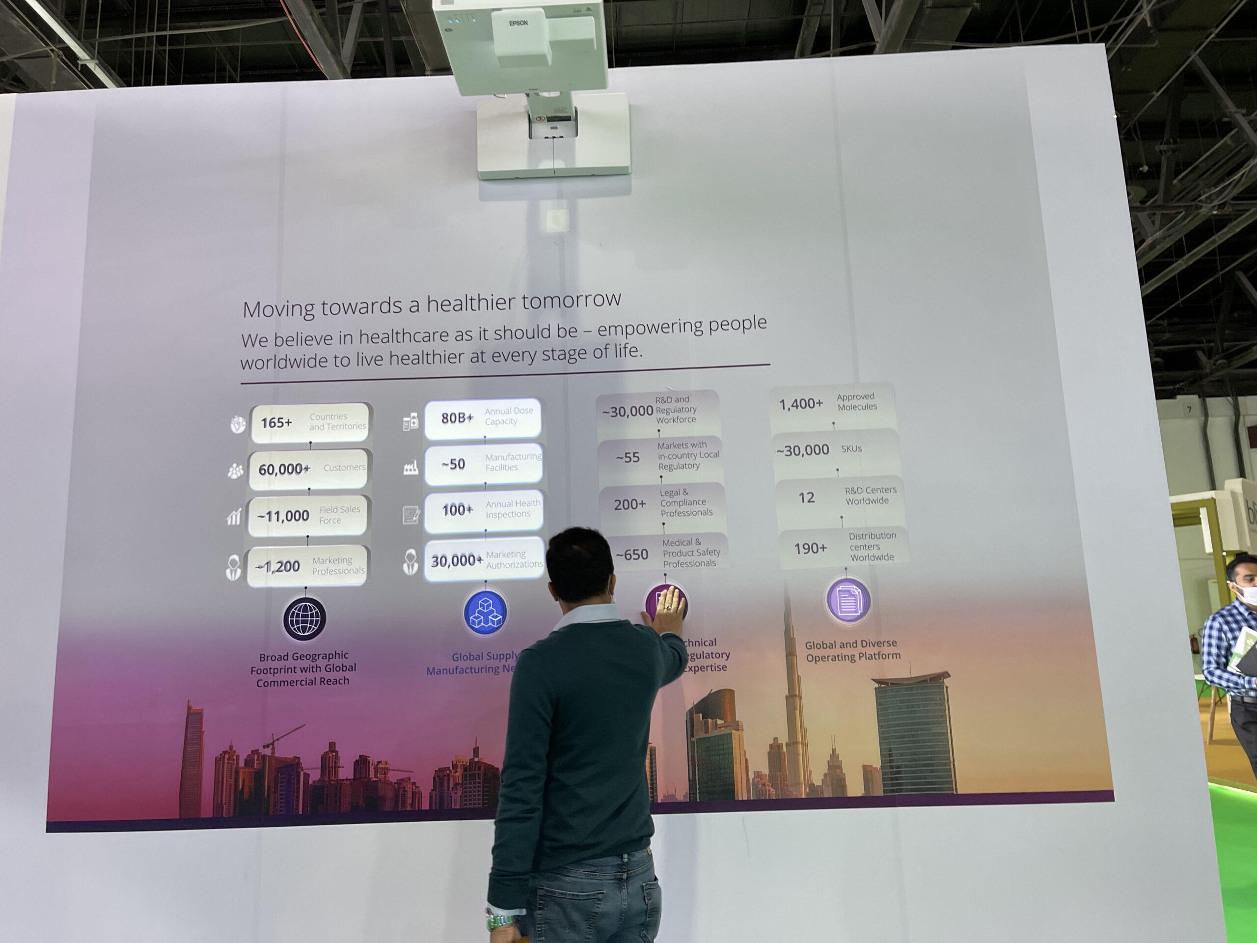 Interactive wall surface for Viatris at DUPHAT Exhibition using projection mapping.