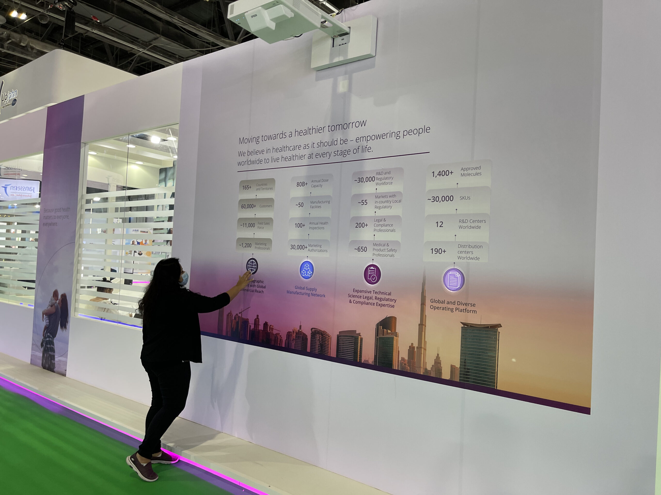 Interactive wall surface for Viatris at DUPHAT Exhibition using projection mapping.