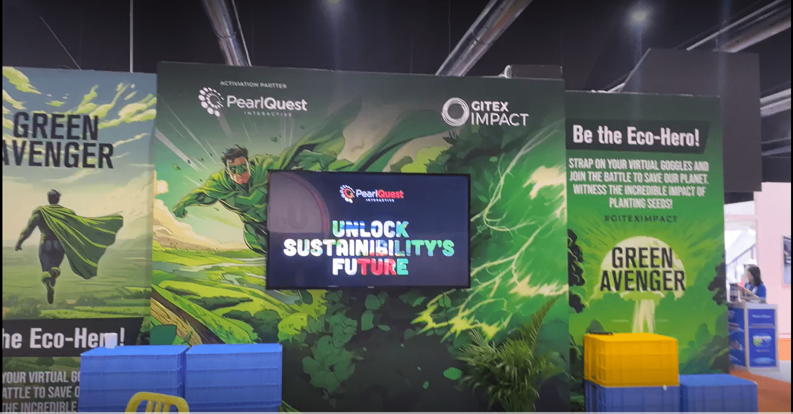 VR garbage truck simulation for waste segregation game at GITEX Sustainability Hall.