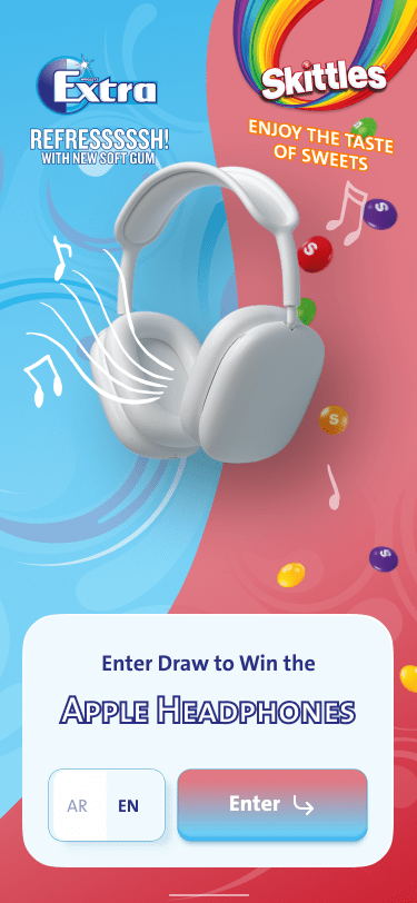 Extra and Skittles branded raffle microsite showing selfie upload feature for lucky draw.