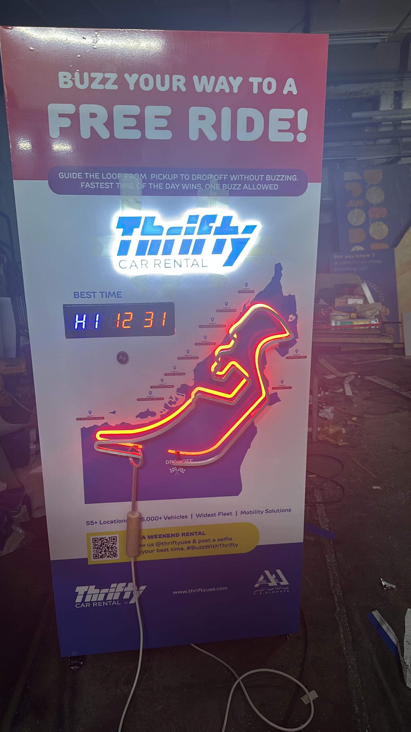 Thrifty BuzzWire game shaped like Abu Dhabi F1 circuit at Arabian Travel Market.