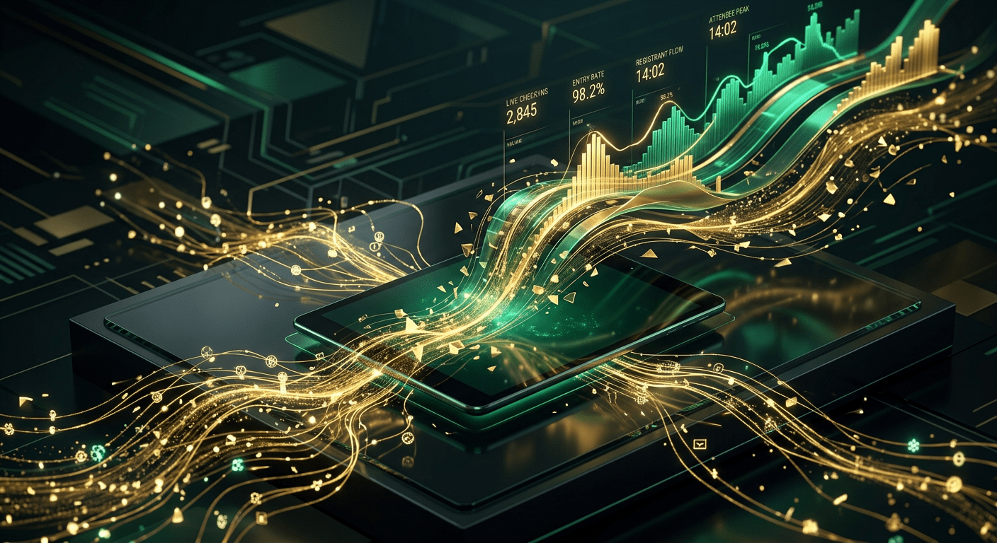 Futuristic vector representation of smart event check-in data syncing to cloud servers across Dubai and Abu Dhabi.