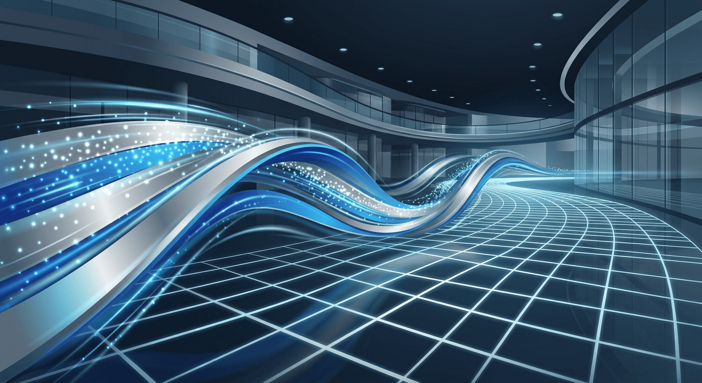 Surreal artistic depiction of event attendees flowing through a smart event check-in portal in Saudi Arabia, Qatar, and Kuwait.