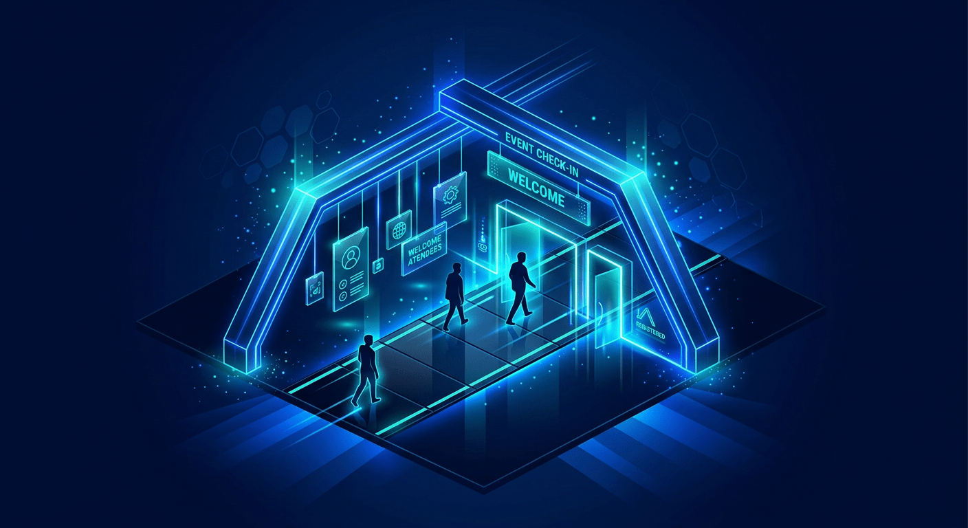 Abstract digital illustration representing smart event check-in kiosk emitting light beams in a modern event hall.