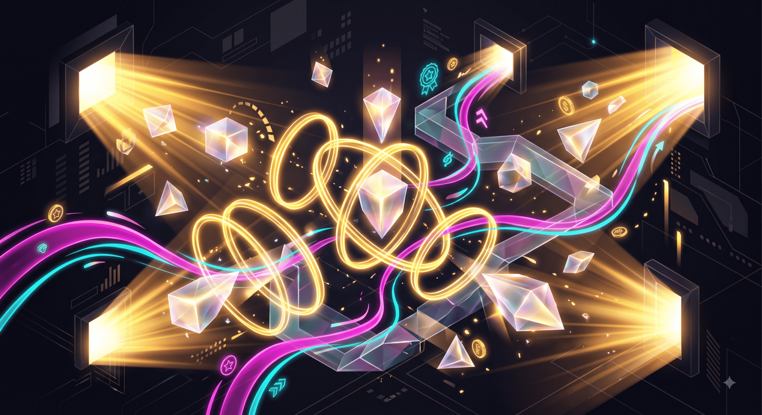 Abstract gamification interface illustrating key campaign microsite features that convert visitors into leads.