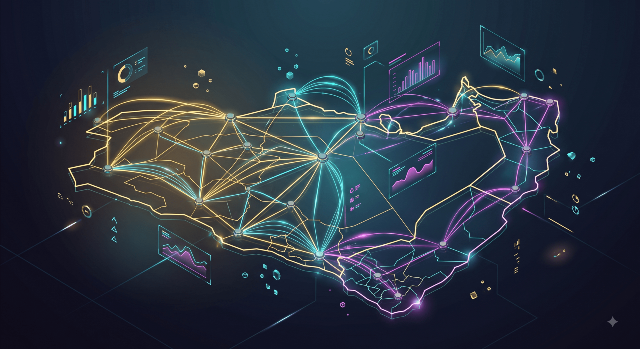 Abstract Middle East map with connected nodes demonstrating how data dashboards optimize campaigns across Dubai and Riyadh.