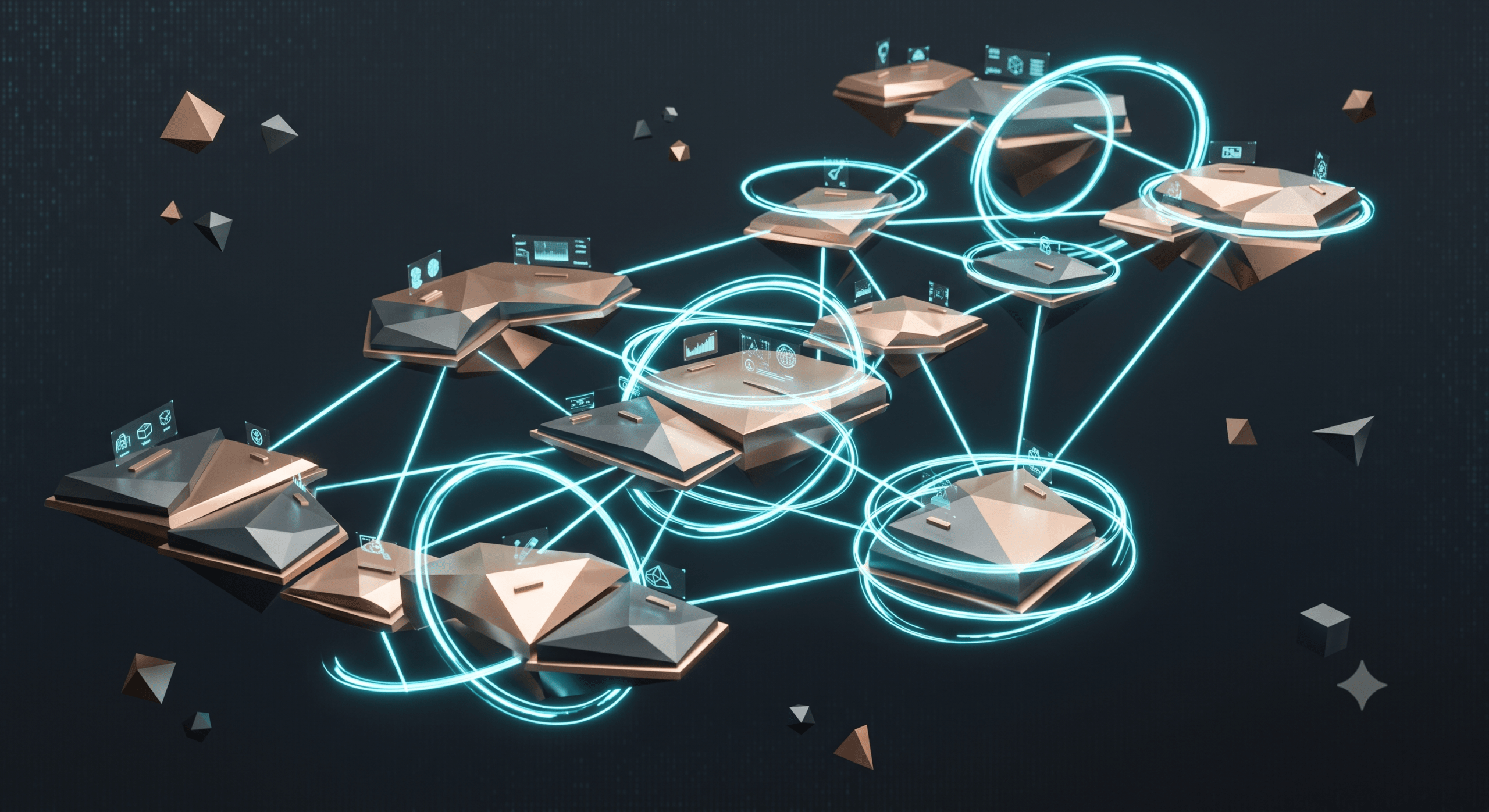 Futuristic geometric artwork showcasing interactive spatial media solutions by PearlQuest.
