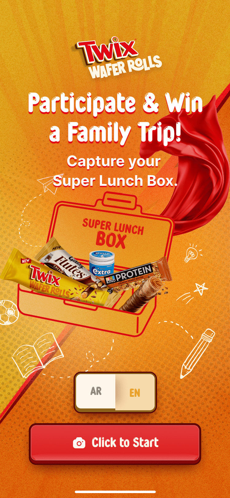 Mobile screen showing the bilingual Twix Super Lunch Box campaign microsite and photo entry system.Mobile screen showing the bilingual Twix Super Lunch Box campaign microsite and photo entry system.