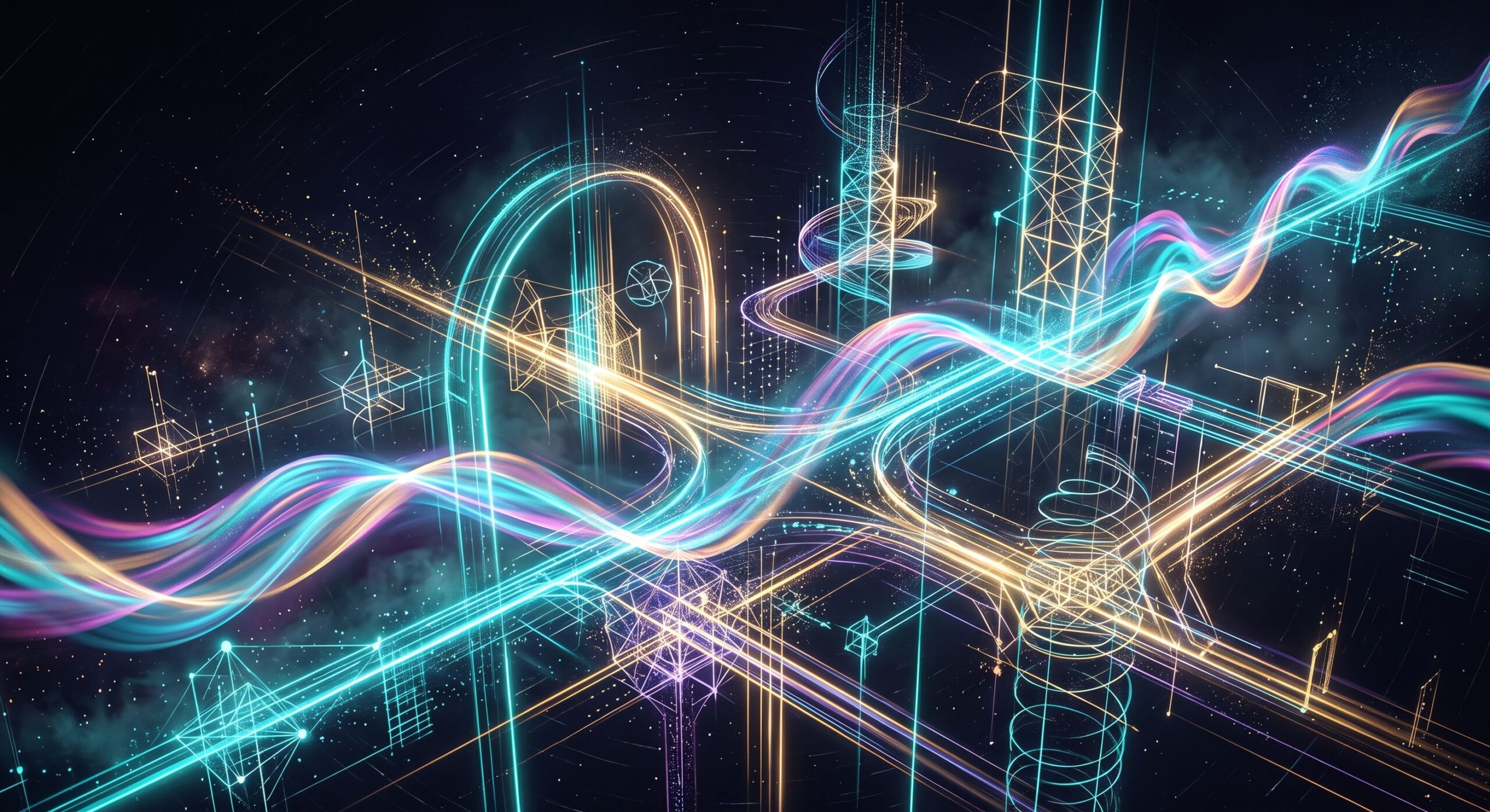Abstract digital installation showing how AI art & music transform immersive story spaces in Dubai.